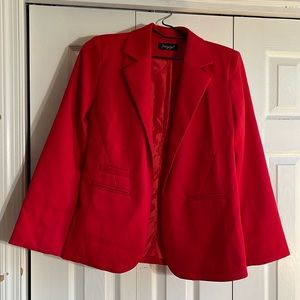Red blazer. Worn open- No buttons & fake pockets